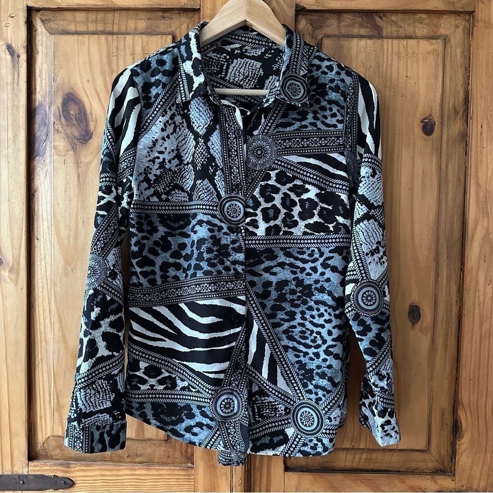 Vintage 90’s Animal Print Button Up Blouse Zebra Leopard Black Grey White - M